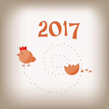 Chicken hatched from the egg - greeting card happy new year. 2017 - year of the Chinese calendar - new year of the roosterのイラスト素材