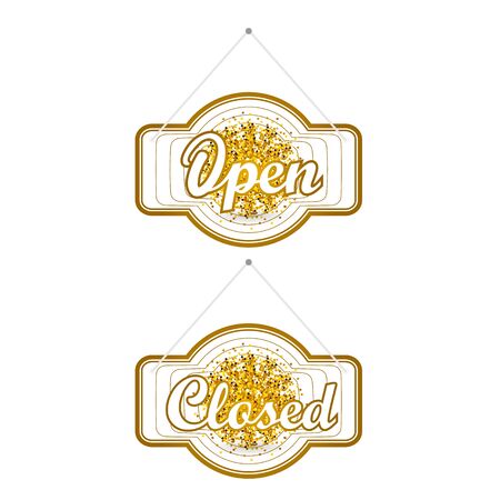 Gold sparkling ribbon with the inscription Open and Closed. Gold vector illustration. Open sign for shop and cafeのイラスト素材