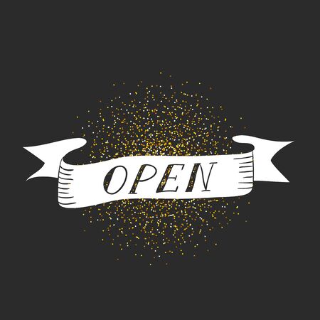 Gold sparkling ribbon with the inscription "Open". Golden vector illustration. Open sign for shop and cafe. Hand drawn element of ribbon. Ribbon isolated on a black background.のイラスト素材