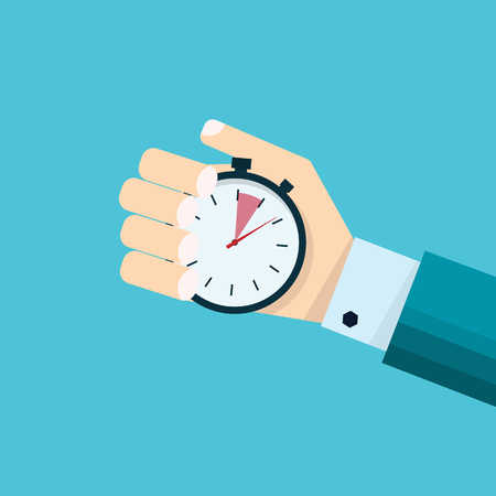 Businessman hand holding stopwatch. Time management concept. Vector cool flat design style illustration. Time control, planning. Isolated on aqua backgroundのイラスト素材