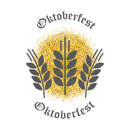 Symbol of Oktoberfest - three spikelets of wheat on gold sparkling vector backgroundのイラスト素材
