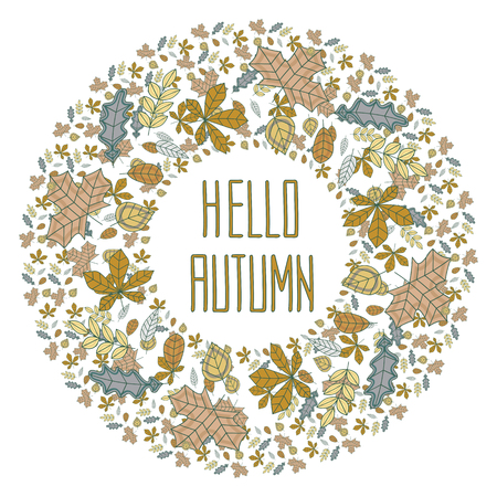 Hello autumn wreath of colorful leaves - greeting card, banner at the beginning of fall and autumnのイラスト素材