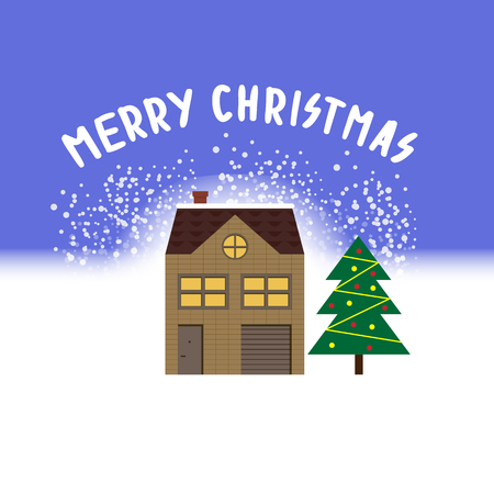 Christmas greeting picture with timbered houses and the Christmas tree vector illustration with the words merry Christmasのイラスト素材