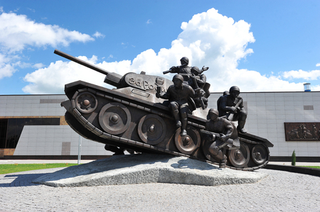 Prokhorovka, Russia - July 5, 2017: the monument to Soviet tank crews at Prokhorovka field after the tank battle of Kursk. The inscription on the tank - For the Motherlandのeditorial素材