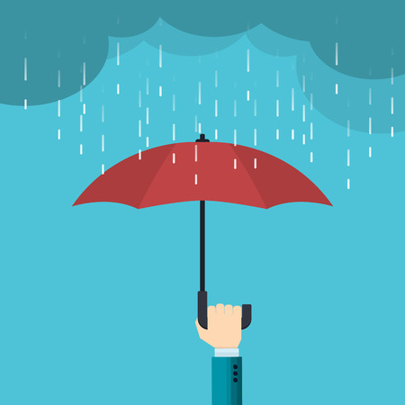 hand of businessman holds an open red umbrella from the rain - the concept of risk protection -  vector illustration in flat styleのイラスト素材