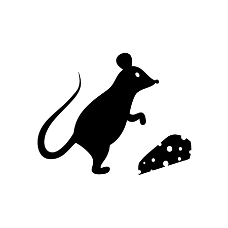 black silhouette of a mouse and piece of cheese -  mouse logo - vector illustrationのイラスト素材