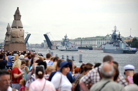 St. Petersburg, Russia-July 26, 2018: preparation for the naval parade in St. Petersburg on the Neva riverのeditorial素材