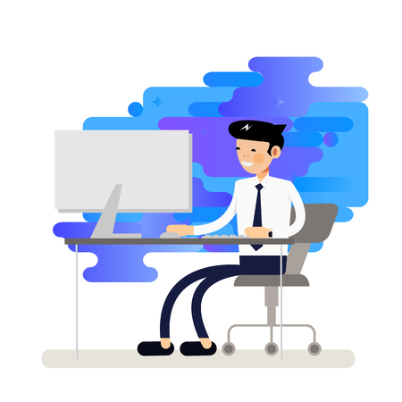 Cool Business Man working on desktop computer. Businessman character sitting behind the office desk. Vector flat design illustration Stock.のイラスト素材