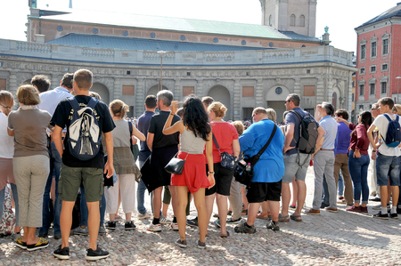 Stockholm, Sweden - August 17, 2018: tourists are walking in the old town in Stockholmのeditorial素材