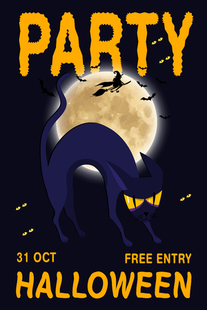 Halloween vector poster, banner or flyer halloween template, spooky cat and objects. Halloween partyのイラスト素材