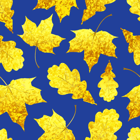 Seamless pattern with Golden sparkling yellow maple and oak leaves. Autumn textile Vector illustration on blue backgroundのイラスト素材
