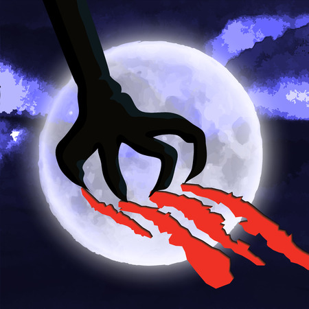Halloween spooky vector poster, banner or flyer halloween template, monster's paw with claws on moon backgroundのイラスト素材