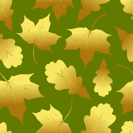 Seamless pattern with Golden maple and oak leaves. Autumn textile Vector illustration on green backgroundのイラスト素材