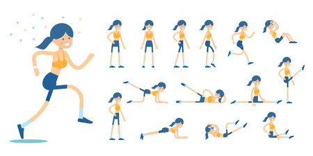 Set of female character performing different exercises vector illustration. Women health and fitnessのイラスト素材