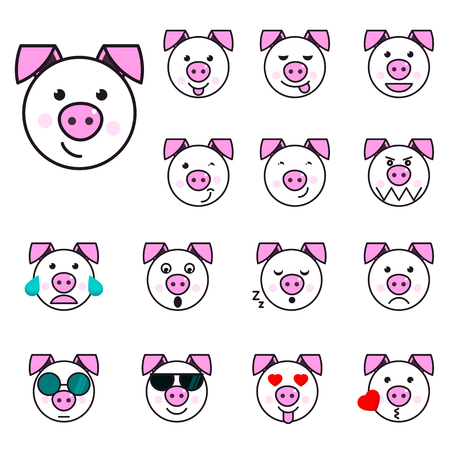 Big Pig Set of 15 high quality vector cartoonish emoticons, in rough design styleのイラスト素材