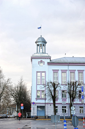 Narva, Estonia-November 3, 2018: Estonian flag at the city Council in Narvaのeditorial素材