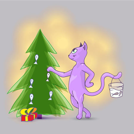 cat decorating Christmas tree with toy fish - vector characterのイラスト素材