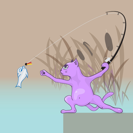 cat fisherman fishing fly fishing - vector cartoon illustrationのイラスト素材