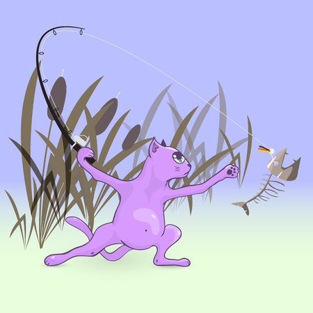 cat fisherman fishing with spinning in toxic water, fish skeleton - the concept of environmental pollution - vector cartoon illustrationのイラスト素材