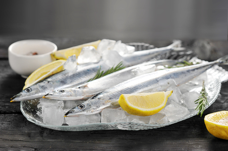 raw saury on a glass dish in the form of fish with rosemary and lemonの写真素材