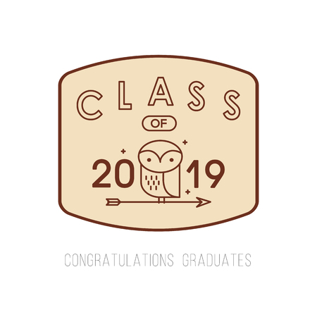 vector illustration of a graduating class of 2019 graphics with owl and arrow elements for t-shirts, and the idea for the sign or badgeのイラスト素材