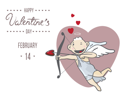 Valentine's day greeting card, postcard or party invitation template with angel amour. Holiday cartoon comic illustration.のイラスト素材