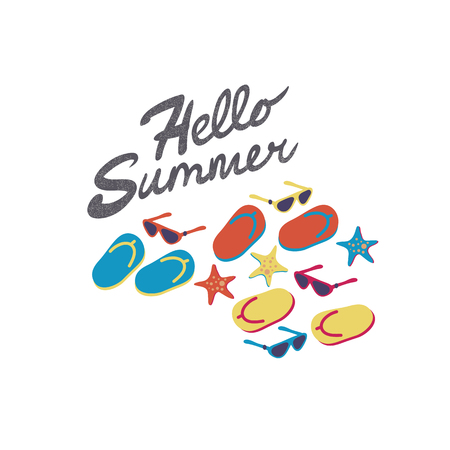 Hello summer sign and flip flops, sunglasses and starfish isolated on white background. Vector cartoon flip flops, sunglasses and starfish with text hello summer illustrationのイラスト素材