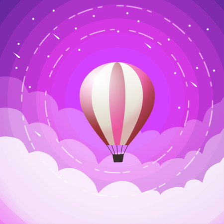 red hot air balloons flying in the purple sky. Flat cartoon design. Fantasy, creative, innovation, education symbol -  Hot air balloon in the sky with cosmic backgroundのイラスト素材