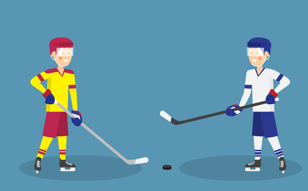 Two cute ice hockey players with stick and puck ready for action -  Ice hockey match concept vector flat style illustrationのイラスト素材