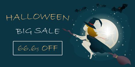 Halloween Big Sale banner template with  witch vampire flying on a broomstick. template for the Halloween. Mystical illustration. Vector illustration of a witch vampire girl.のイラスト素材