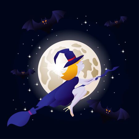 witch vampire flying on a broomstick and bats on background of the moon. template for the Halloween. Mystical illustration. Vector outline of a witch vampire girl.のイラスト素材