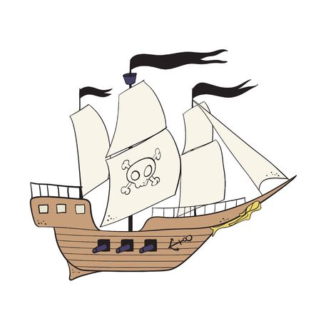 Cartoon pirate buccaneer filibuster corsair sea dog ship icon game - flat pirate ship vector illustrationのイラスト素材