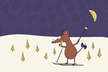 cartoon character-funny mouse goes skiing with a piece of cheese-the symbol of the year of the rat on the Chinese calendarのイラスト素材
