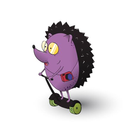 hedgehog traveler on a scooter- cartoon character hedgehog rides on a wheelのイラスト素材