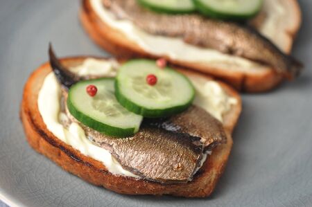 sandwiches on a plate - toasted bun with sprats and cucumber - closeupの写真素材