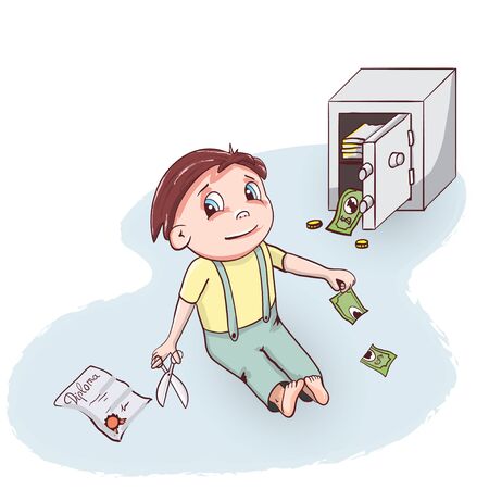 little naughty boy cuts money bills with scissors - cartoon style characterのイラスト素材