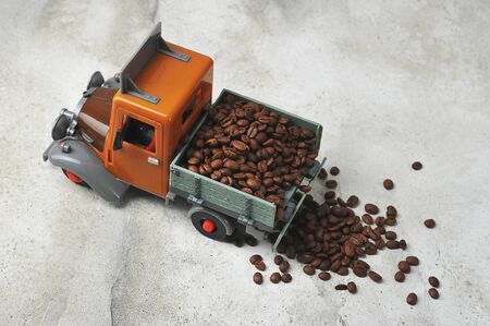 coffee beans in a toy dump truck - top view