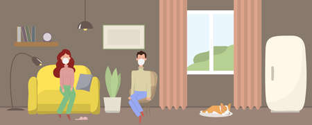 Keep calm and stay at home with self quarantine to help slow outbreak and protect virus spread. Sleeping dog corgi. Sitting girl on yellow sofa. Young man in a mask on char. Remote work from home. Coronavirus Covid-19, quarantine motivational posterのイラスト素材