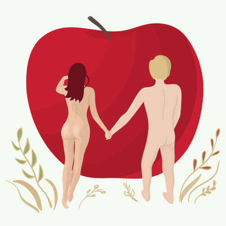 Nude young man and beautiful girl stand hand in hand in front of a red Apple - concept of Adam and Eveのイラスト素材