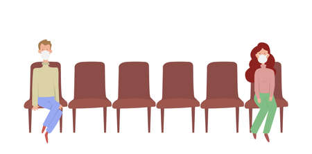 Two people sitting distance apart on row of chairs  - social distancing to prevent or protect themselves from contracting coronavirus covid-19 during virus outbreakのイラスト素材