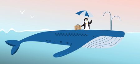 Penguin traveler rides a whale taxi - cartoon style illustrationのイラスト素材