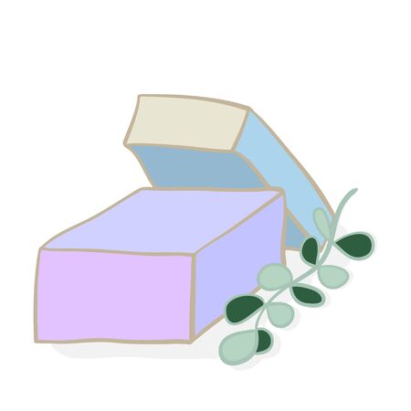 aromatic soap and a sprig of eucalyptus in cartoon style. aromatherapy soap on white background. Items for fragrance and Spa treatmentsのイラスト素材