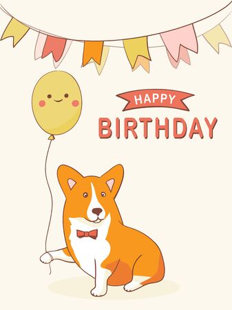 Happy Birthday greeting card with cute cartoon character Welsh Corgi with a balloon in his paw and and flags on a rope.  Adorable domestic dog
のイラスト素材