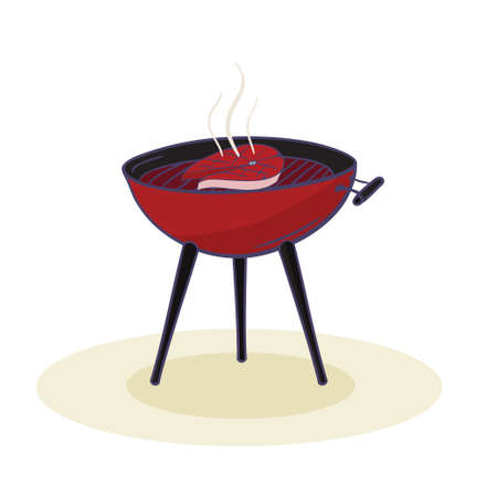 round barbecue grill with preparing salmon steak - illustration in cartoon style. Collection of equipment for cooking bbq - grill, coal, isolated on whiteのイラスト素材