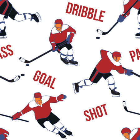 ice hockey player in action skating and kicking a puck with a stick - vector seamless background for print, inscription - goal, pass, shot, dribbleのイラスト素材