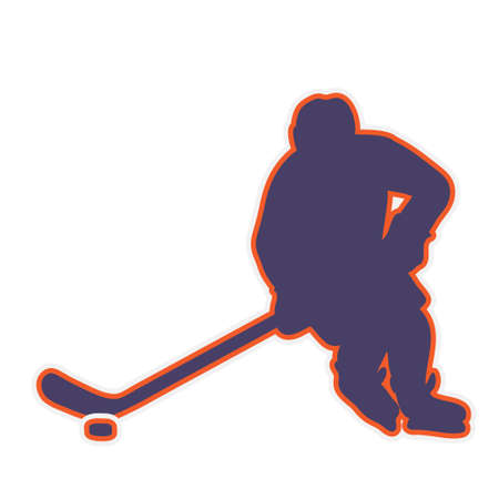 ice hockey player in action skating and kicking a puck with a stick - vector illustration silhouette of a hockey player for a stickerのイラスト素材
