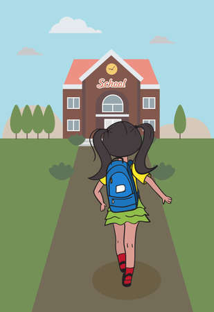 schoolgirl girl goes to school with a backpack behind her back - back view - back to school consept in cartoon styleのイラスト素材