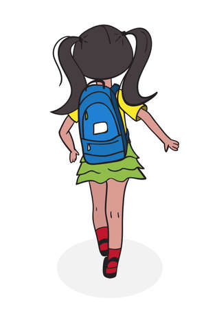 schoolgirl girl goes to school with a backpack behind her back - back view - in cartoon styleのイラスト素材