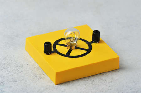 incandescent lamp on a yellow stand - equipment for a physics lesson - glass bulb with the designation of an incandescent lampの写真素材