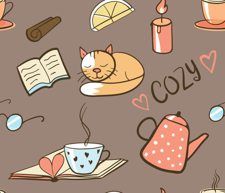 seamless pattern with cozy reading icon set - tea, lemon, candle, sleeping cat - hand drawn illustrationのイラスト素材